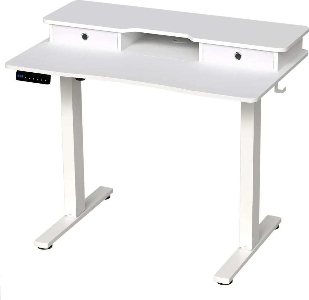 Secretária elétrica com pé 100 x 60 cm com 2 gavetas, altura ajustável e suporte para monitor Branca