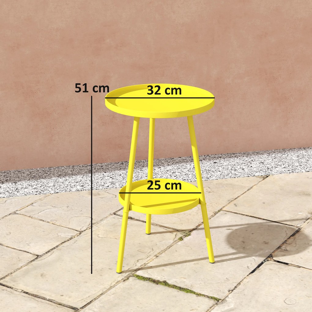 Mesinha redonda de apoio jardim com 2 prateleiras Ø 32 x 51 cm, mesa de jardim para terraço, sala de estar ou varanda, em metal,, amarela