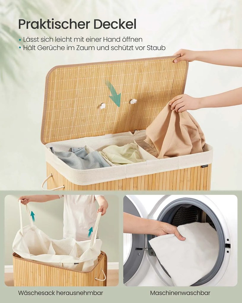 Cesto para roupa suja em bambu com 3 compartimentos 70 x 40 x 61 cm cor natural