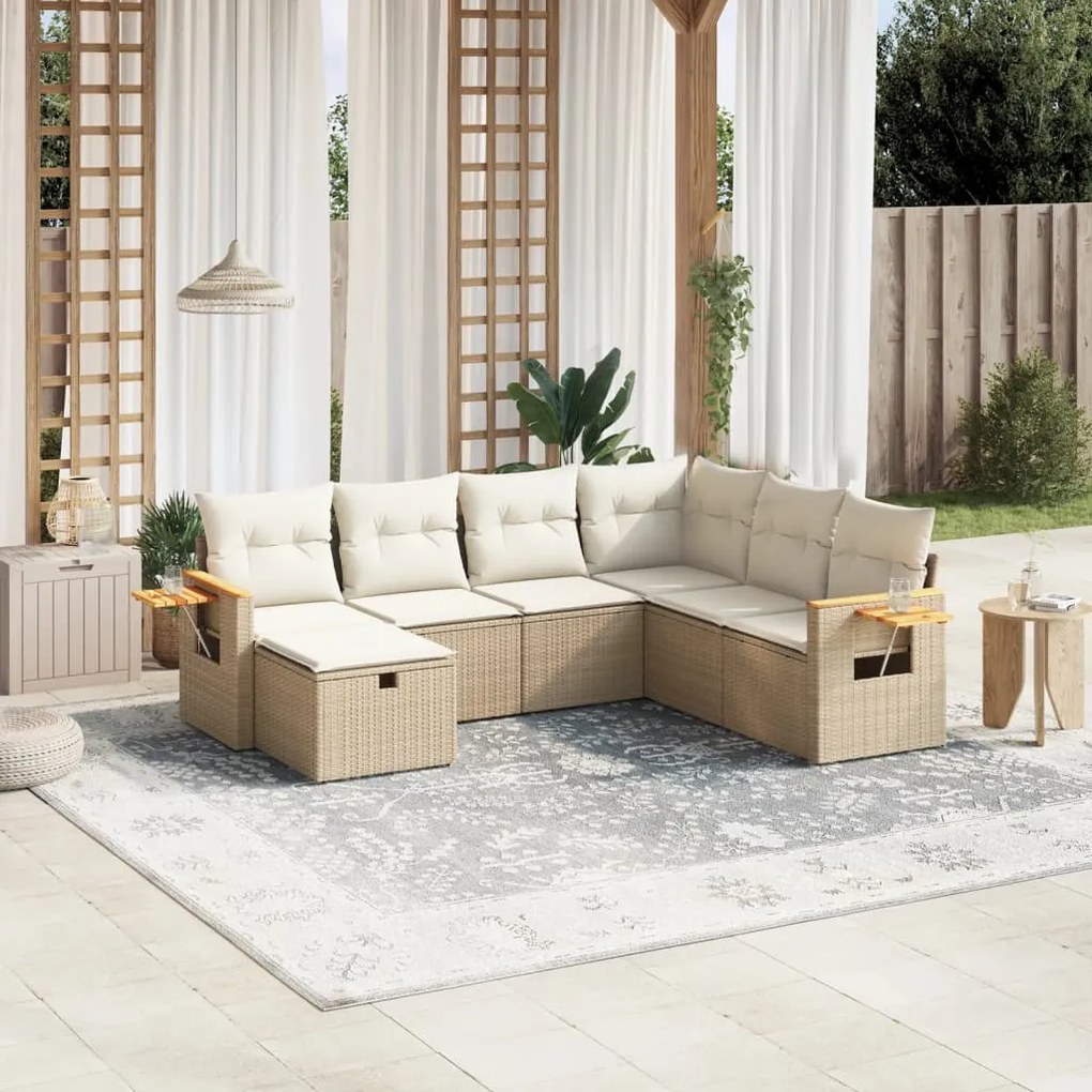 7 pcs conjunto de sofás p/ jardim com almofadões vime PE bege