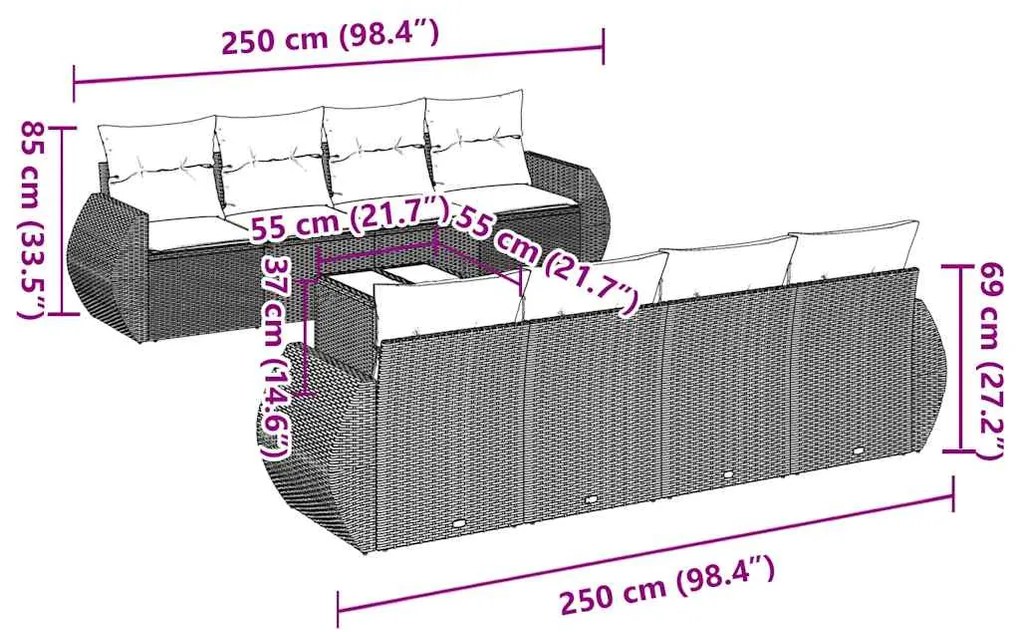 9 pcs conjunto de sofás p/ jardim c/ almofadões vime PE preto