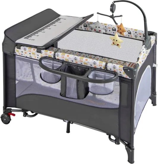 Berço dobrável para bebé, trocador de fraldas com caixa de música e brinquedos pendurados 110 x 76 x 76 cm Cinza