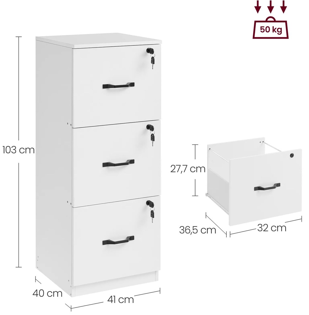 Armário de arquivo com 3 gavetas com chave branco