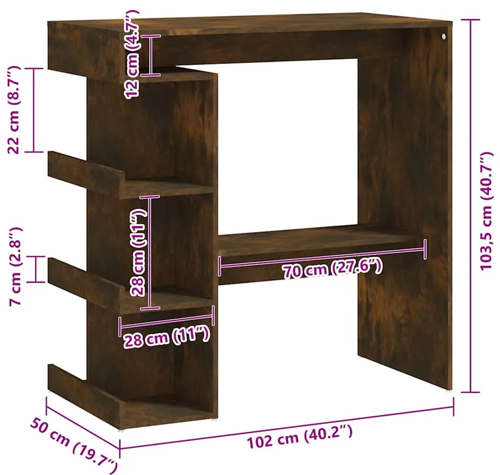 Mesa de bar c/ prateleiras derivados de madeira carvalho fumado