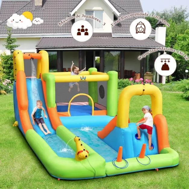 Parque aquático insuflável com soprador, escorrega, cesto de basquetebol, lançamento de anéis e parede de escalada 503 x 290 x 216 cm Multicolorido