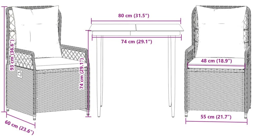 3 pcs conjunto de jantar p/ jardim c/ almofadões vime PE preto