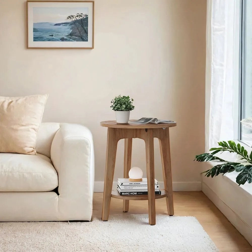 Mesa de apoio com prateleira inferior em estilo moderno 40 cm de diâmetro, 50 cm de altura castanha