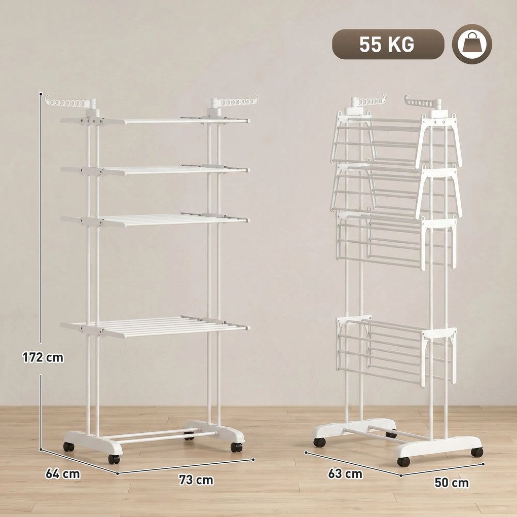 Estendal de roupa dobrável de 5 níveis com Rodas, estendal de roupa para interior com abas laterais, estrutura em aço, branco