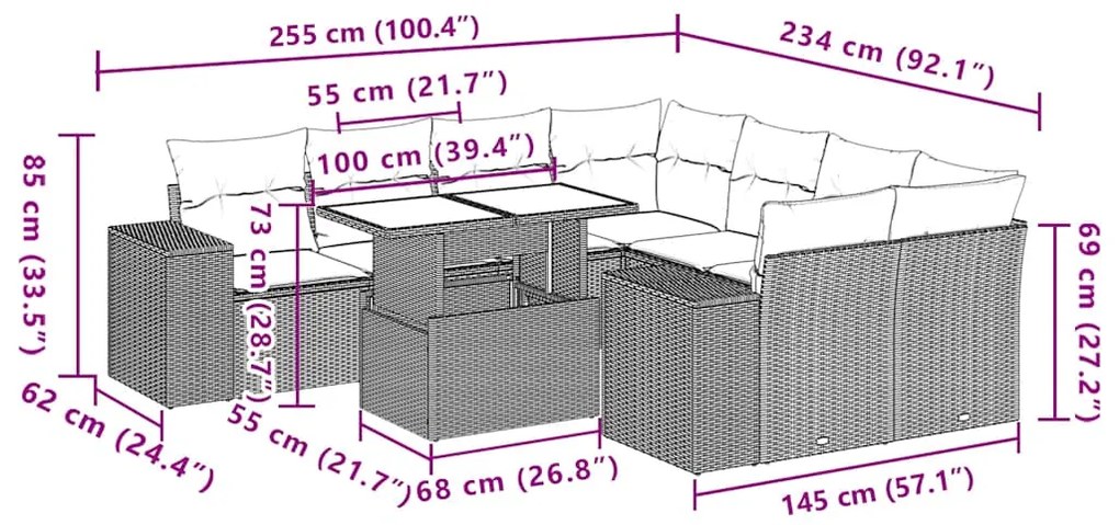 9 pcs conjunto de sofás p/ jardim c/ almofadões vime PE preto