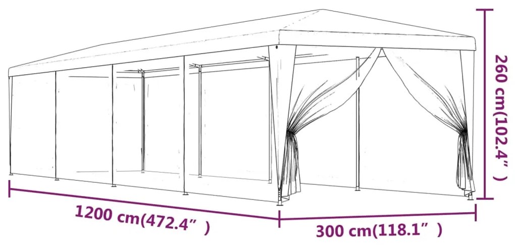 319250 vidaXL Party Tent with 10 Mesh Sidewalls Red 3x12 m HDPE