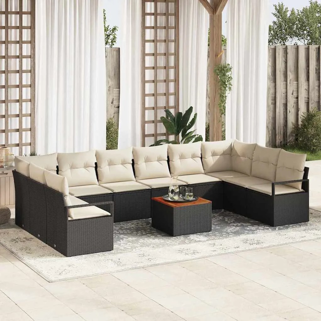 vidaXL Conjunto de Sofá de Jardim 11 pcs Preto e Creme vime PE