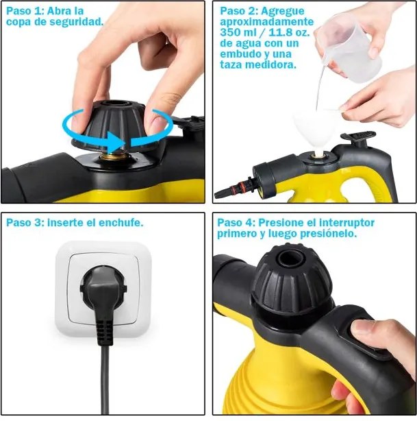 Máquina de limpeza a vapor portátil sem químicos com 9 acessórios e design seguro para casa, carro e pátio 350 ml Amarelo
