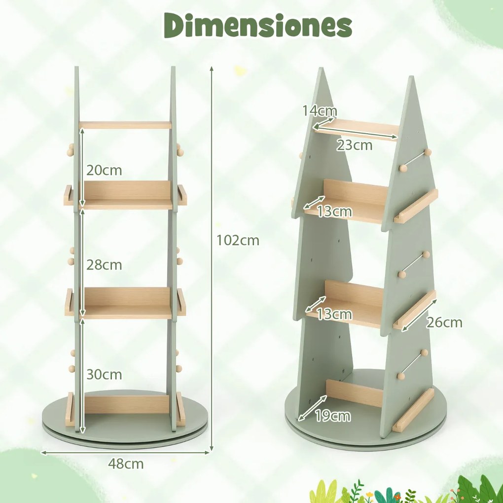 Estante para livros infantis Ø48 x 102 cm giratória 360° Carrossel de livros para crianças com 4 níveis em forma de árvore verde