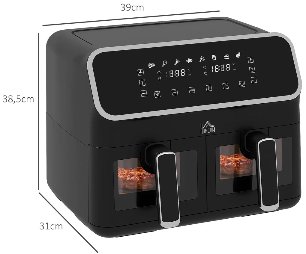 Fritadeira sem Óleo de 8L e 2700W com 2 Cestos Independentes 8 Programas Pré-configurados Ecrã LED Tátil 39x38,5x31 cm Preto