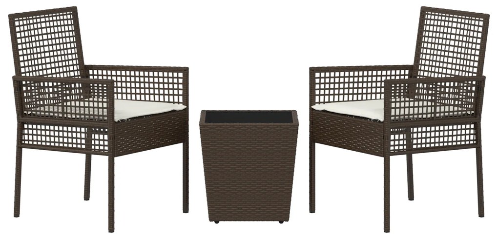 Conjunto de Bistro de Jardim de 3 Peças com Almofadas Castanho em Ratt