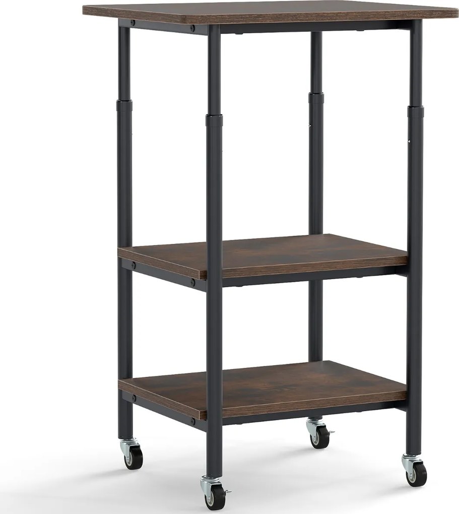 Suporte para impressora de 3 níveis 49 x 40 x 65/77 cm com 2 alturas ajustáveis Prateleiras de armazenamento Rodas universais bloqueáveis Café