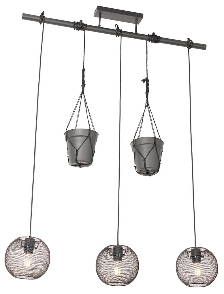Candeeiro de suspensão industrial preto 3 luzes - Flor