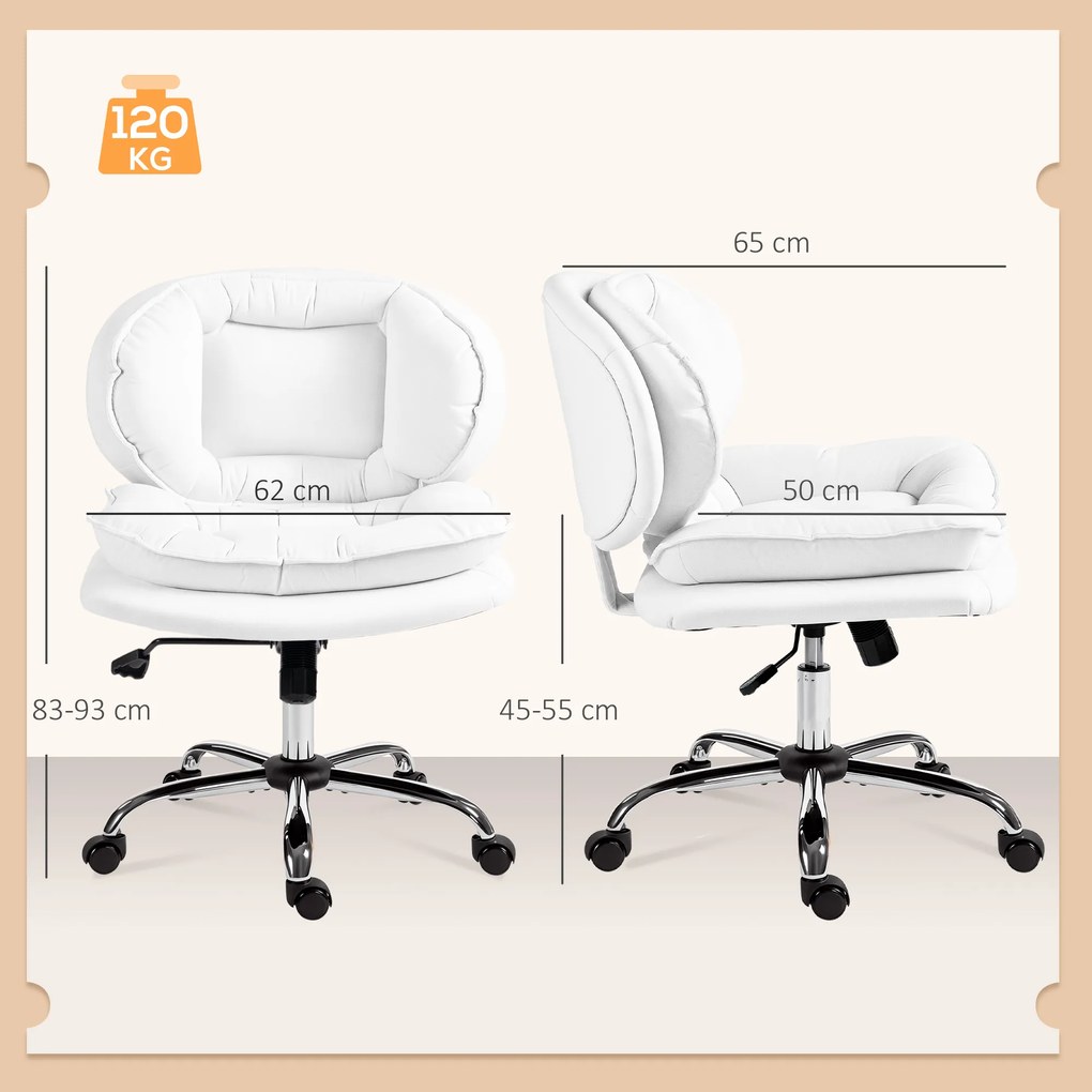 Cadeira de Escritório com Rodas Cadeira para Secretária com Função Baloiço Assento Amplo Sem Braços 60x65x83-93 cm Branco