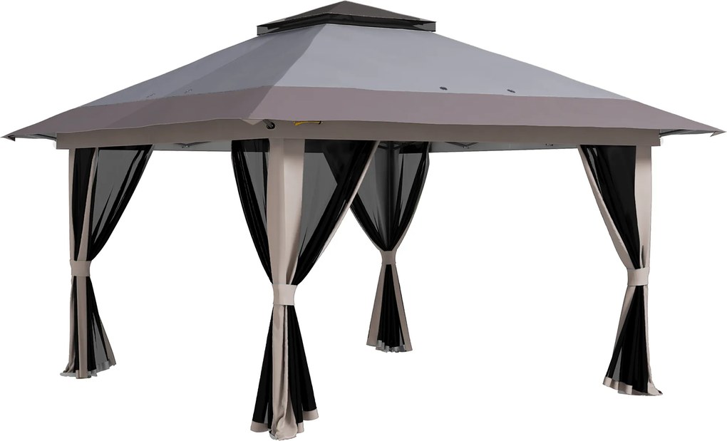 Outsunny Tenda Dobrável Pop-Up 3,9x3,9 m Tenda de Jardim com Altura Ajustável Proteção UV50+ Rede Mosquiteira e Bolsa de Transporte com Rodas Cinzento Claro | AOSOM Portugal