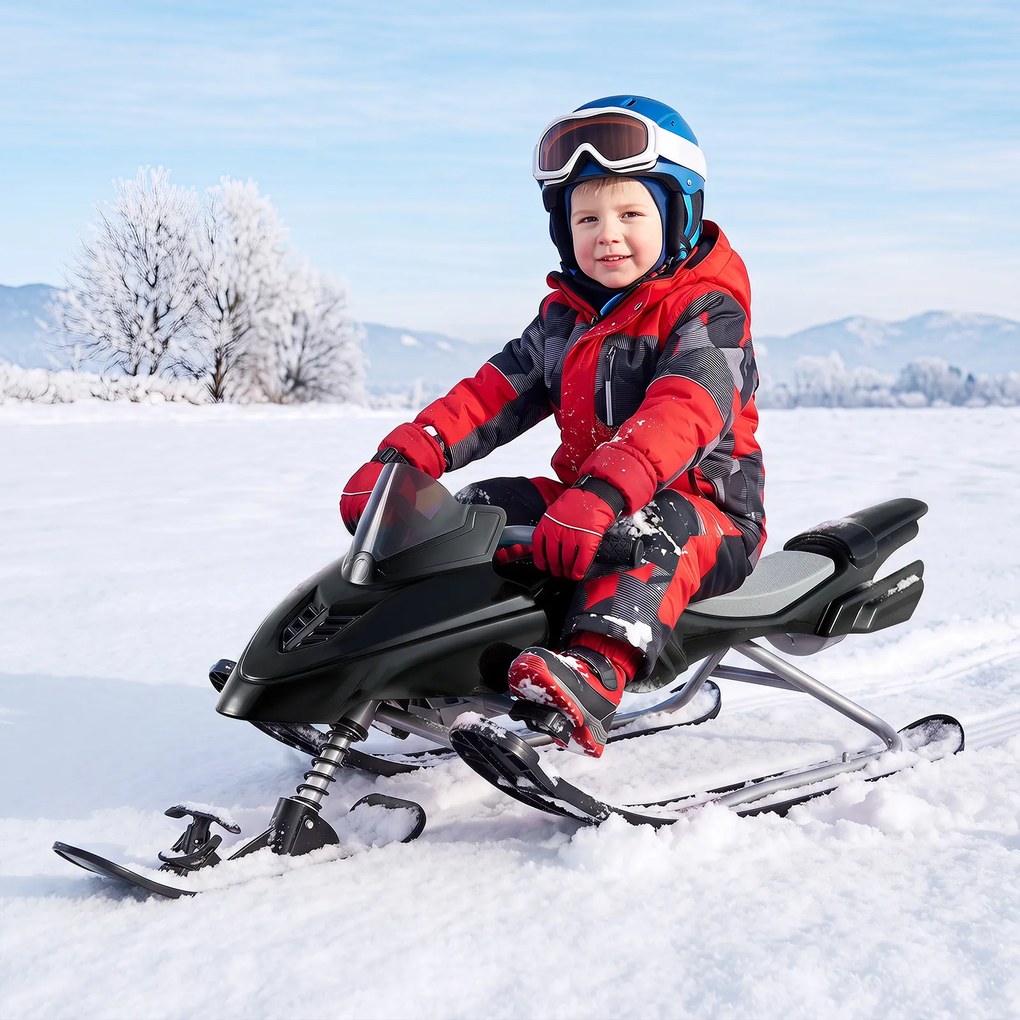 Trenó Infantil de Neve, 136 x 48 x 39 cm, Com Guiador Direcional, Preto
