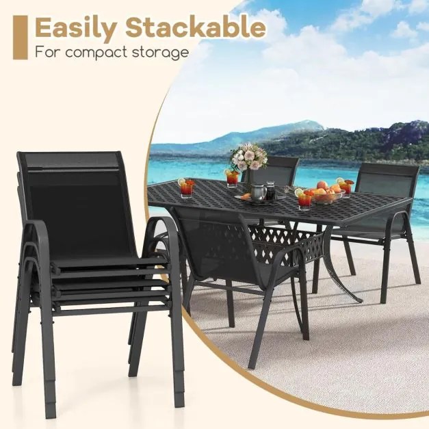 Conjunto de 4 cadeiras de jantar de jardim empilháveis Estrutura resistente ao tecido respirável Pátio exterior Praia 55 x 67 x 83 cm Preto