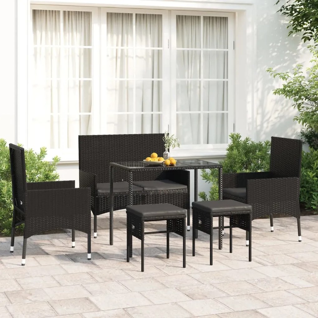 319510 vidaXL 6 pcs conjunto lounge de jardim c/ almofadões vime PE preto