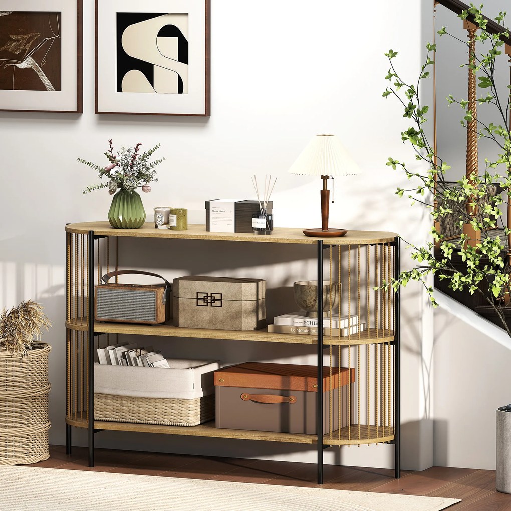 Mesa Consola com Corda de Papel Trançada à Mão Consola de Entrada de 3 Níveis com Estrutura de Aço Estilo Boémio 124x43,5x80 cm Madeira