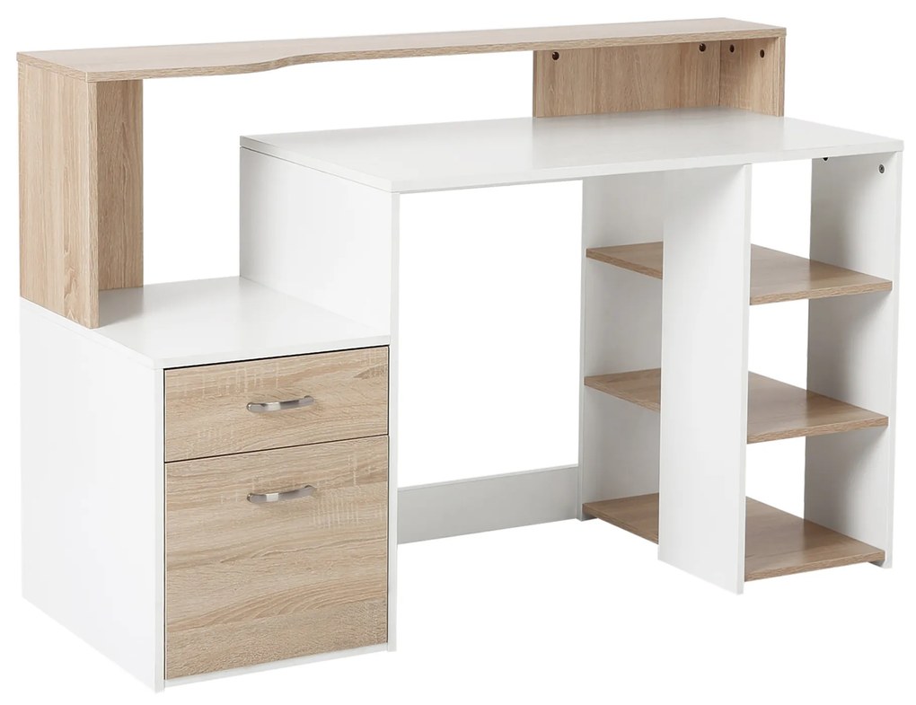 HOMCOM Secretária para Escritório com 2 Gavetas 3 Prateleiras Suporte para Impressora para Estúdio Branco e Carvalho 137x55x92 cm | Aosom Portugal