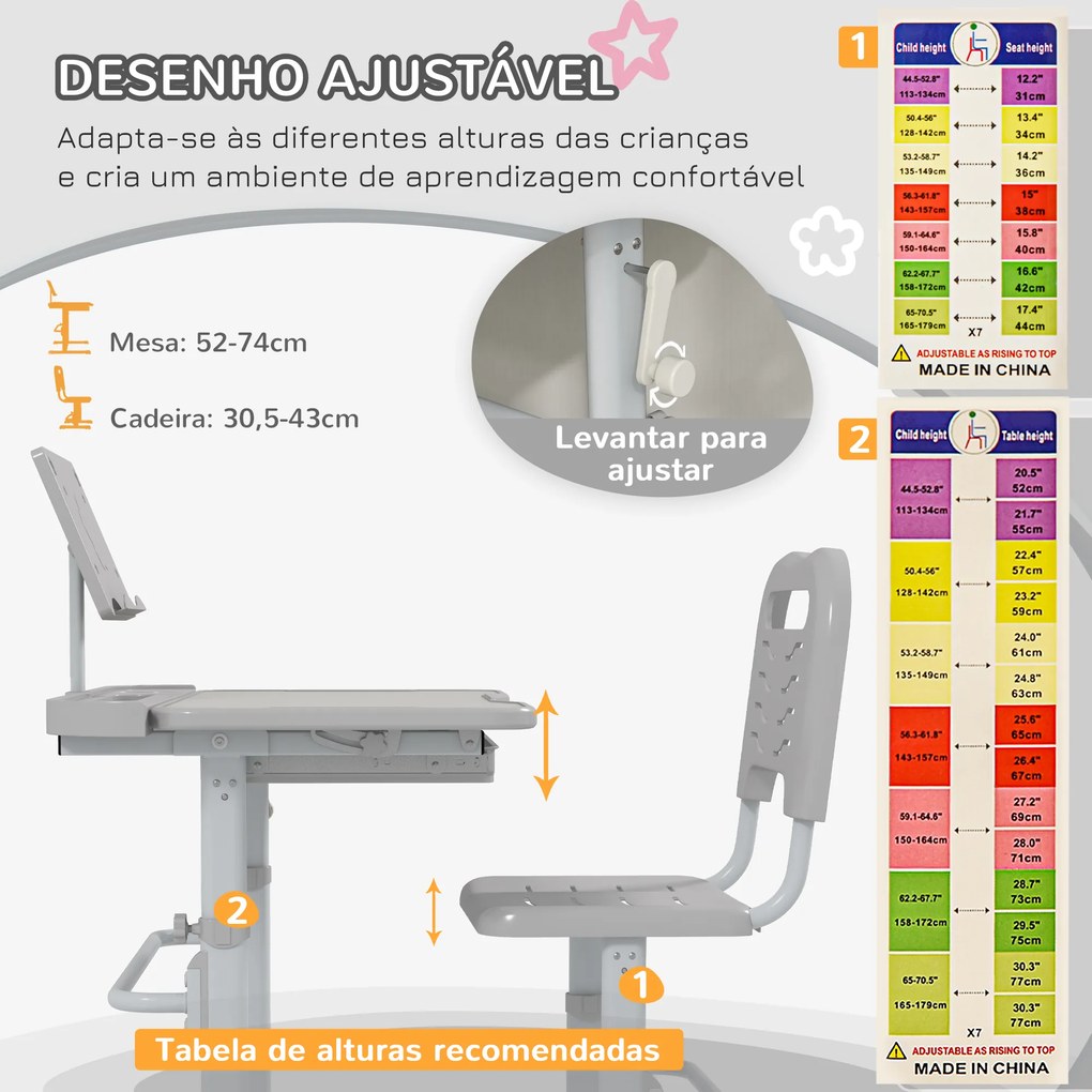 Conjunto de Secretária e Cadeira para Crianças com Altura Ajustável e Ângulo da Mesa Ajustável 80x50x82-104cm Cinza e Branco