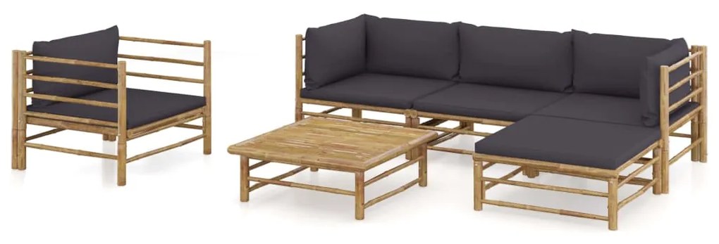vidaXL 6 pcs conj. lounge jardim em bambu c/ almofadões cinza-escuro