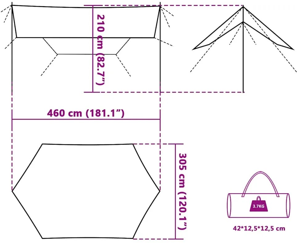 Lona de campismo 460x305x210 cm impermeável verde