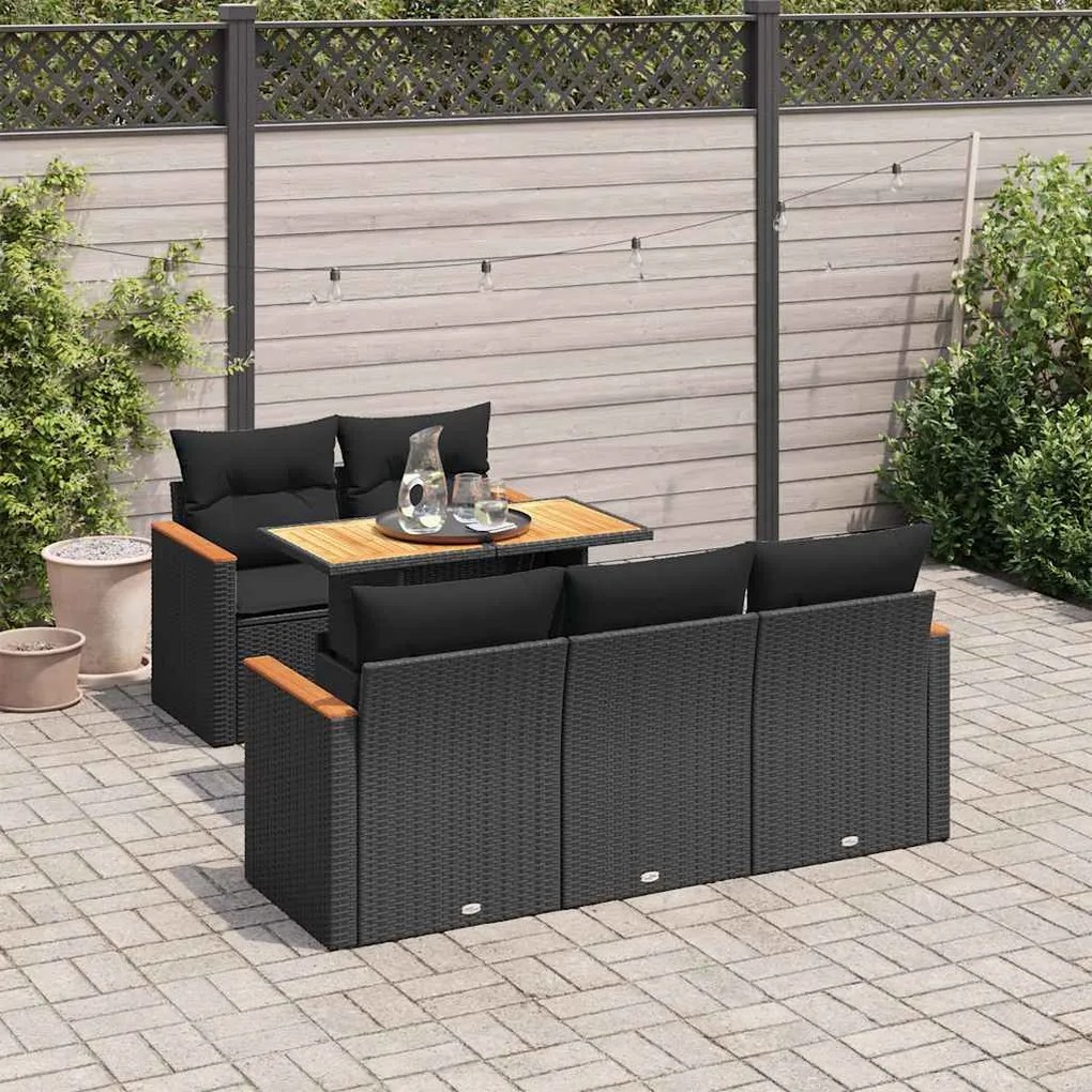 6 pcs conjunto sofás jardim c/ almofadões vime PE/acácia preto