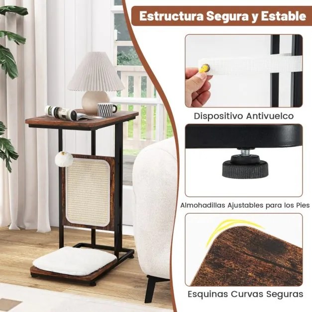 Arranhador para gatos com mesa de apoio em forma de C com tábua de arranhar Almofada amovível lavável Brinquedo pendurado 50 x 30 x 64 cm Castanho