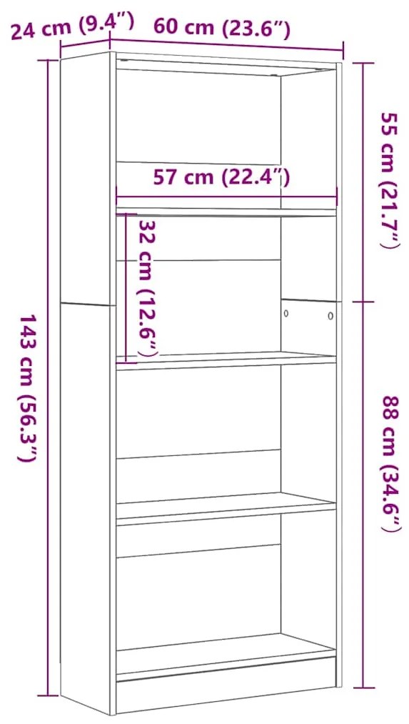Estante de Carvalho Preto - 60 x 24 x 143 cm - Feita de Madeira de Eng