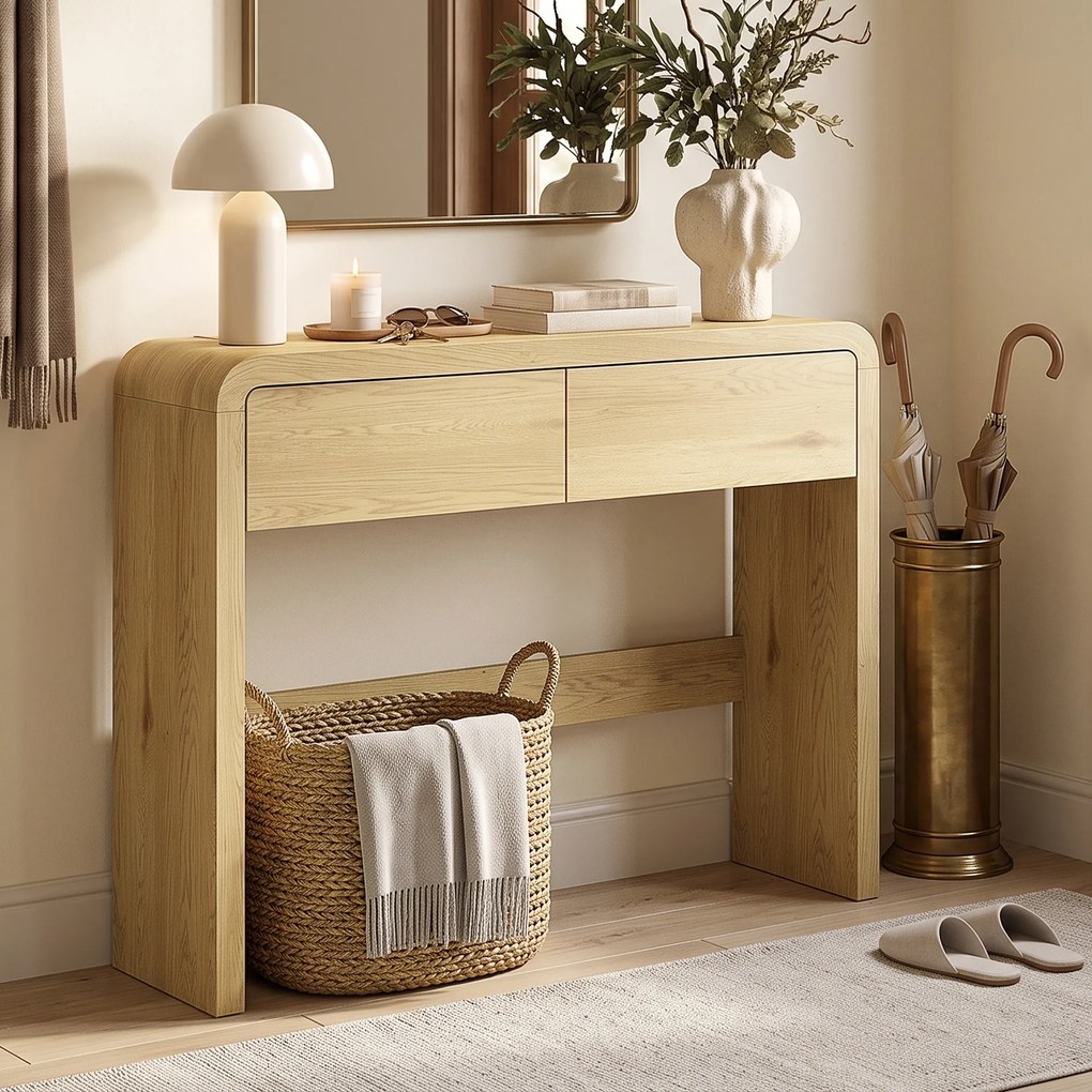 Mesa de Consola, 100 x 30 x 85 cm, 2 Gavetas, cor Madeira Natural