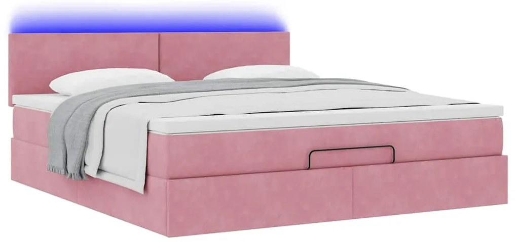 Cama otomana com colchão &amp; LEDs 180x200cm veludo rosa