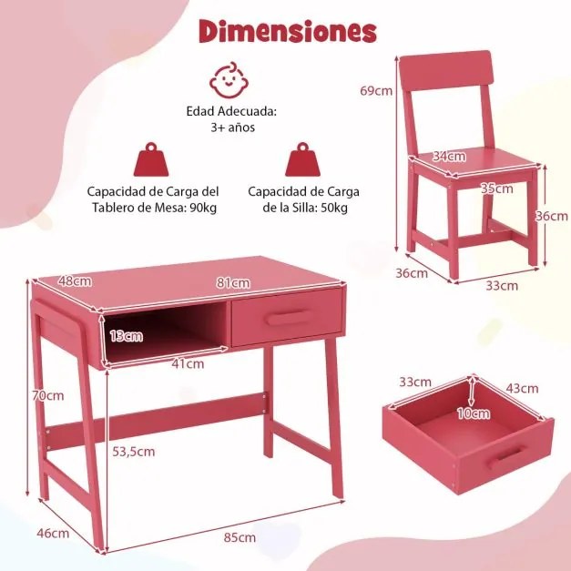Conjunto de secretária e cadeira para crianças com gaveta e estante Rosa