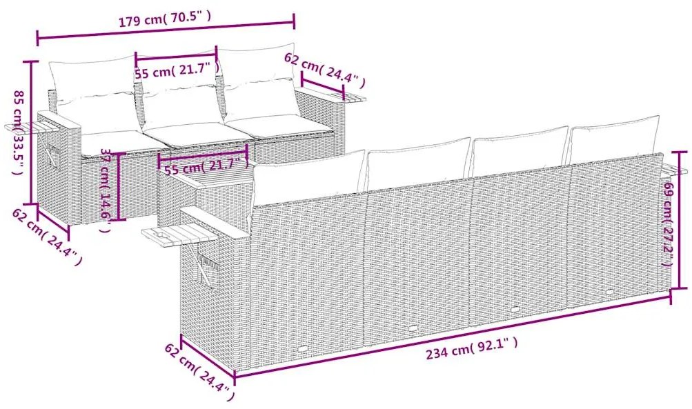 8 pcs conjunto sofás de jardim com almofadões vime PE preto