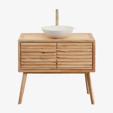 Conjunto De Móvel De Casa De Banho Em Madeira Deleyna Madeira Natural & Cimento Redondo Branco Ø40 Cm Zavion & Sem Espelho - Sklum