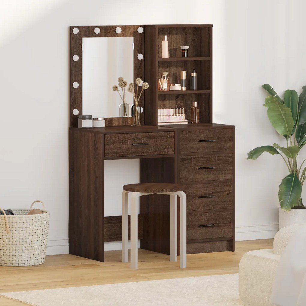 Conjunto de Mesa de Maquilhagem de 2 Peças com LED em Madeira de Carvalho Preto