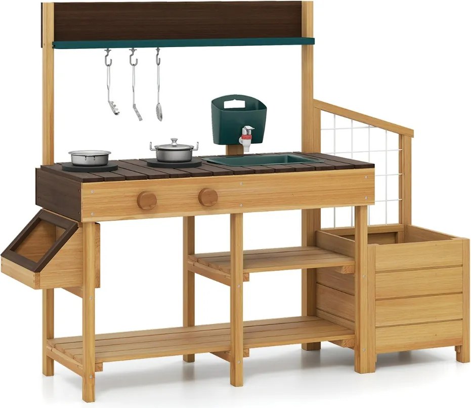 Cozinha Brincar para crianças ao ar livre para crianças de madeira com jardineira Pia removível Torneira Tachos Depósito de água Castanha