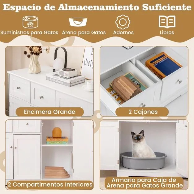Móvel para caixas de areia para gatos Armário lateral para lavagem oculta de gatos com 2 gavetas 3 portas Dispositivos anti-queda Branco