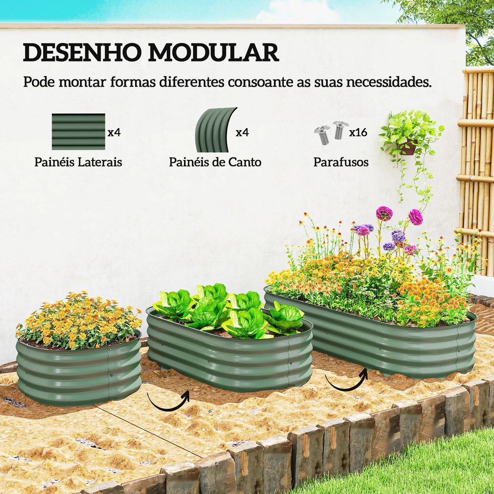 Floreira de Exterior Grande em Aço Galvanizado para Cultivo de Plantas 150x62x30 cm Verde