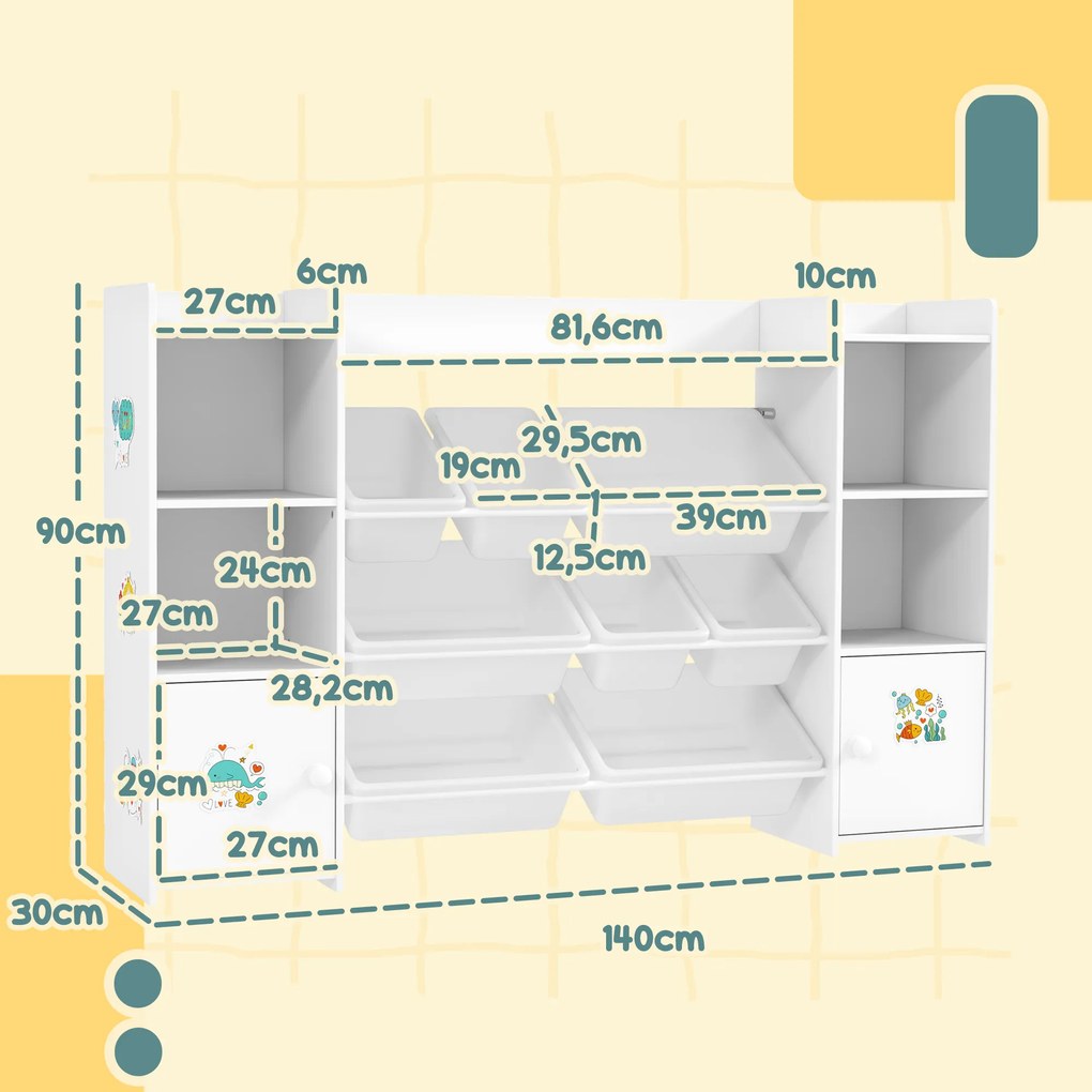 Móvel de arrumação infantil 140 x 30 x 90 cm, estante para brinquedos com 8 caixas removíveis, branco
