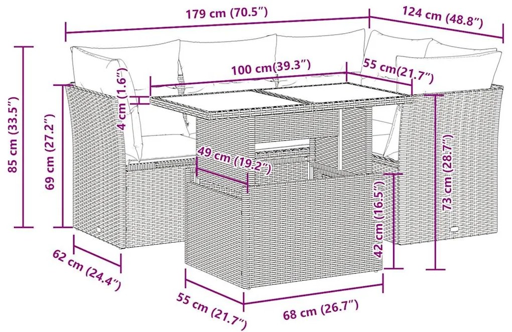 5 pcs conj. sofás jardim c/ almofadões vime PE cinzento-claro