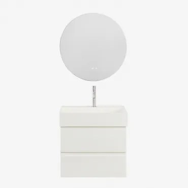 Conjunto De Móvel De Casa De Banho Em Madeira E Chapa De Freixo Com Lavatório Integrado Ona Branco & Redondo Led E Anti-embaciamento Ø70 - Sklum