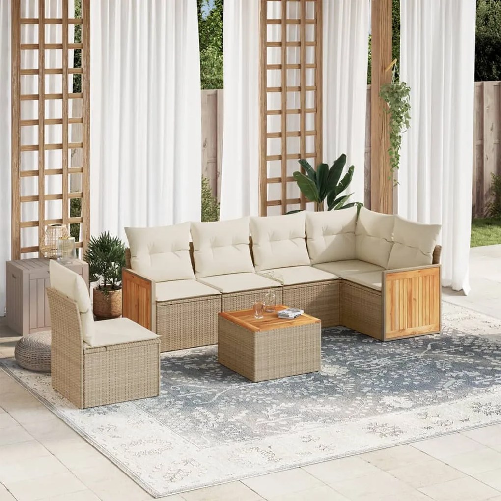7 pcs conjunto de sofás p/ jardim com almofadões vime PE bege