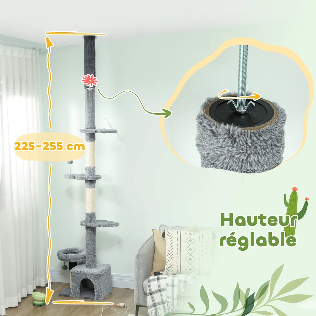 Arranhador para gatos do chão ao teto, torre para gatos com altura ajustável entre 225 e 255 cm e vários níveis, revestimento em pelúcia, cinzenta