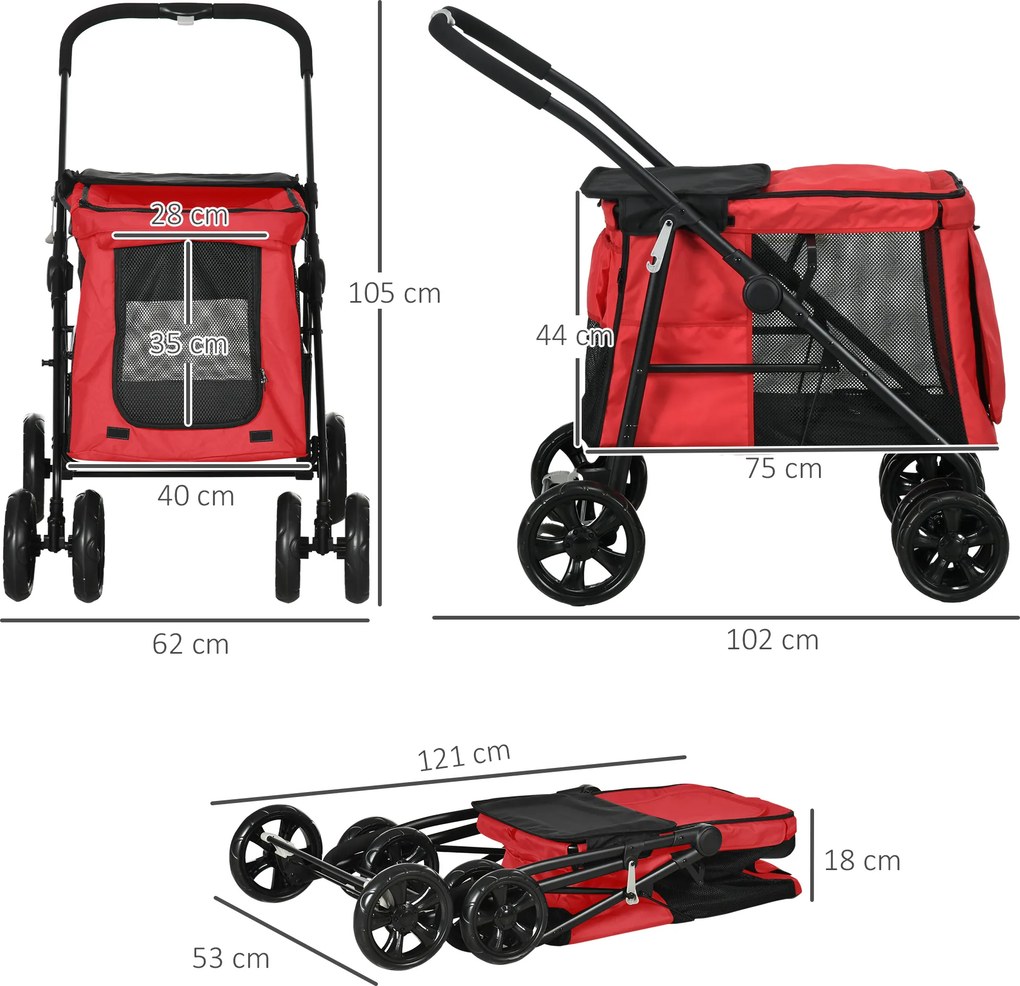 Carrinho de bebé dobrável 102 x 62 x 105 cm com motivos de animais (cão e gato), almofada incluída, rodas com travão, tecido Oxford 600D, vermelho