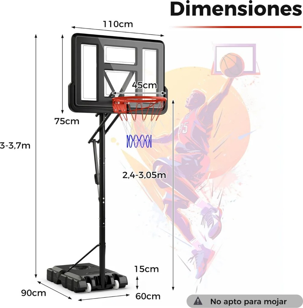 Cesto de basquetebol portátil com Saco de peso para interior e exterior com ajuste de altura fácil preto